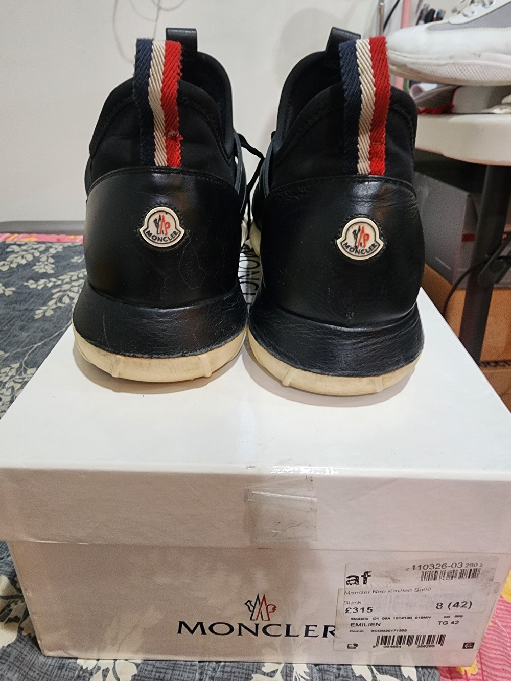 Authentic Moncler Black Men's Sneakers with Red-White-Navy Heel Tabs. 42(8)